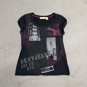 DKNY Black Tee with Pink and Gray Design